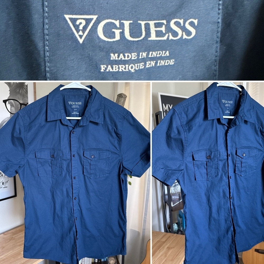 Guess Men’s Short Sleeve Slim Fit Navy Button Up Shirt Coupe Serree Size L